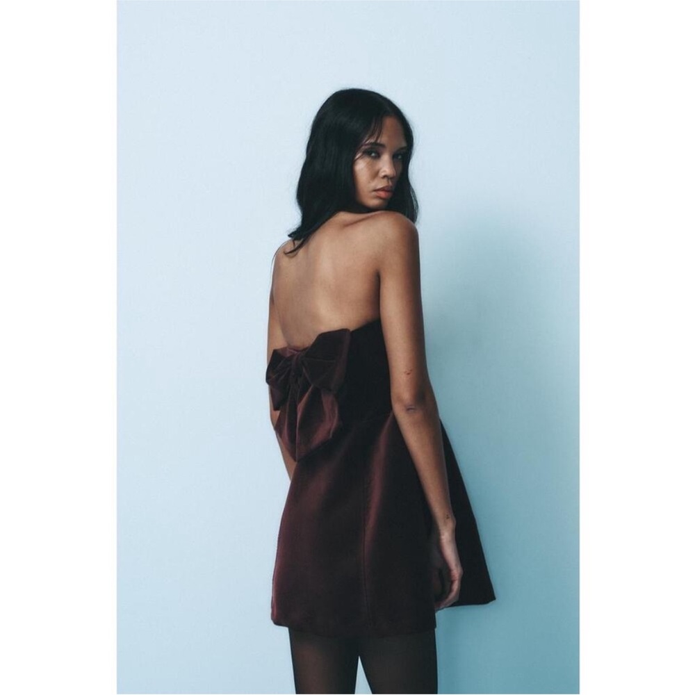 Zara Bow Back Velvet Burgundy Strapless Micro Mini Dress NWT Small
